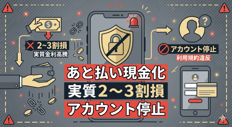 メルペイあと払い現金化のデメリット(実質2〜3割の目減り、アカウント無期限停止リスク)を警告する図解