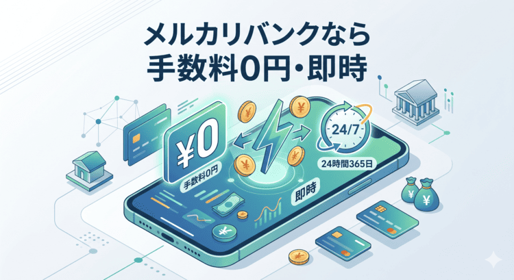 手数料無料・24時間即時反映となるメルカリバンクのメリットを示す図