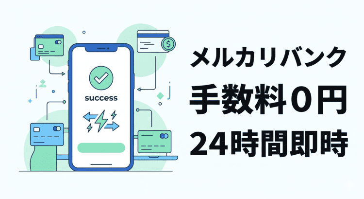みんなの銀行(メルカリバンク)連携による、手数料0円・24時間即時振込のメリットを説明した図解