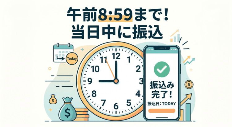 メルカリお急ぎ振込の締め切り時間(午前8時59分まで)を伝える注意画像